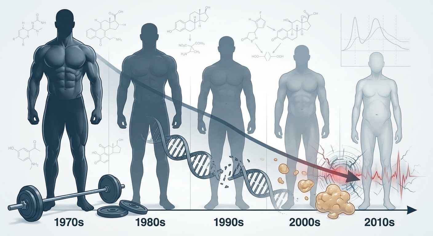 A dramatic, editorial-style scientific illustration showing a downward-trending graph rendered as a large, bold visual metaphor: a muscular male silhouette gradually fading and shrinking across a timeline spanning five decades, from a solid, defined figure on the left to a translucent, diminished outline on the right. The background is a muted clinical white with subtle molecular and hormonal diagram overlays. In the foreground, symbolic elements include a barbell, a DNA helix, and abstract representations of fat tissue and metabolic disruption. The overall palette is cool blue-grey with accents of amber and red to convey urgency and biological decline. The mood is serious and scientific, evoking a public health concern rather than sensationalism — clean, modern, editorial photography-illustration hybrid style.