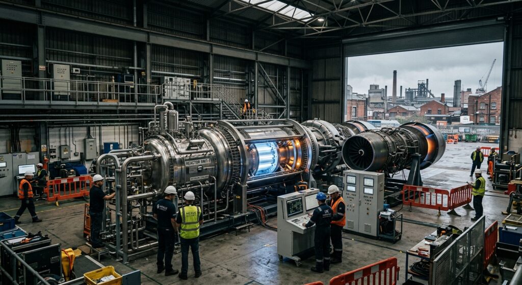 A dramatic, photorealistic editorial illustration of a compact, futuristic nuclear power facility built inside a large industrial warehouse or hangar. At the center, a sleek cylindrical reactor vessel is directly coupled to modern jet-engine-style gas turbines, glowing with soft blue and amber light from the high-temperature nitrogen cooling system. Engineers in hard hats and safety gear work around the machinery, conveying a sense of active research and development. The space is clean and technically detailed, with exposed steel structures, control panels, and piping — nothing resembling a traditional steam-based nuclear plant. Outside large hangar doors, the silhouette of a British industrial cityscape is visible under a grey overcast sky. The atmosphere blends cutting-edge aerospace engineering with nuclear energy innovation, evoking ambition, technical precision, and cautious optimism. Cinematic lighting, slightly desaturated color palette with vivid blue-white highlights on the reactor core.