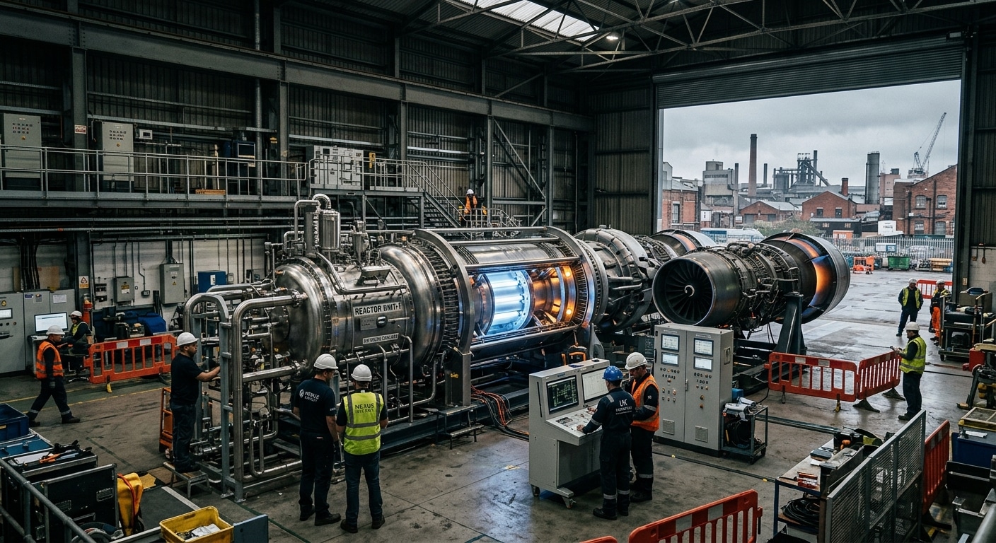 A dramatic, photorealistic editorial illustration of a compact, futuristic nuclear power facility built inside a large industrial warehouse or hangar. At the center, a sleek cylindrical reactor vessel is directly coupled to modern jet-engine-style gas turbines, glowing with soft blue and amber light from the high-temperature nitrogen cooling system. Engineers in hard hats and safety gear work around the machinery, conveying a sense of active research and development. The space is clean and technically detailed, with exposed steel structures, control panels, and piping — nothing resembling a traditional steam-based nuclear plant. Outside large hangar doors, the silhouette of a British industrial cityscape is visible under a grey overcast sky. The atmosphere blends cutting-edge aerospace engineering with nuclear energy innovation, evoking ambition, technical precision, and cautious optimism. Cinematic lighting, slightly desaturated color palette with vivid blue-white highlights on the reactor core.