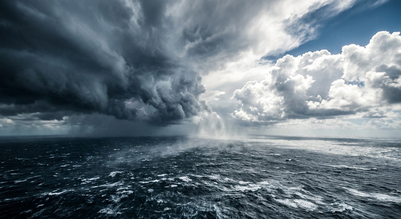A dramatic wide-angle aerial view of the Pacific Ocean under a turbulent sky, where large, bright white marine clouds dominate the scene above deep blue-grey storm waters. On one side of the image, dark, ominous storm clouds churn with the intensity of an El Niño weather system, while on the other side, luminous, artificially brightened cumulus clouds reflect intense sunlight back toward space. Fine mist particles drift upward from the ocean surface, subtly illuminating the boundary between natural and altered atmosphere. The overall mood is tense and ambiguous — visually spectacular but uncertain — rendered in a photorealistic editorial style with dramatic natural lighting, high contrast between shadow and brilliance, and a cinematic color palette of deep ocean blues, steel greys, and stark whites.