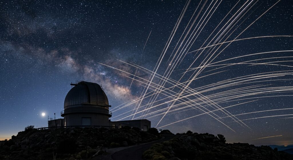 A dramatic wide-angle night sky photograph showing a long-exposure astrophotography scene, with multiple bright satellite trails streaking across a star-filled sky in parallel luminous lines. In the foreground, a silhouetted large professional telescope observatory dome sits on a dark hilltop. The Milky Way is partially visible but interrupted and overlaid by dozens of glowing linear streaks from satellites crossing the frame at various angles. The atmosphere is cinematic and slightly melancholic, conveying the tension between the beauty of the cosmos and the growing human-made interference. Deep blue and indigo tones dominate the sky, with the satellite trails rendered as sharp, bright white-gold lines cutting through the stars. Photorealistic style, high dynamic range, editorial astronomy photography aesthetic.