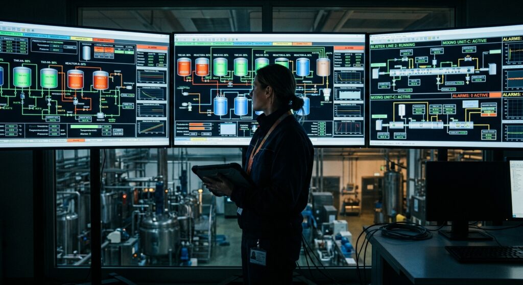 A factory floor supervisor in a northern Italian pharmaceutical plant, early morning, standing before multiple large industrial monitoring screens displaying SCADA dashboards with colorful process diagrams, tank levels, alarm indicators, and real-time production line data. The supervisor is still wearing a jacket, tablet in hand, silhouetted against the glow of the control room screens. The environment is dimly lit except for the bright displays showing interconnected production systems, data flows between machines, and digital readouts. Behind the glass, manufacturing equipment from different eras is visible on the production floor. The atmosphere conveys industrial complexity, digital infrastructure, and the invisible software layer that orchestrates modern manufacturing. Photorealistic editorial style, cinematic blue and amber tones, wide-angle perspective emphasizing the scale and density of information on the screens.