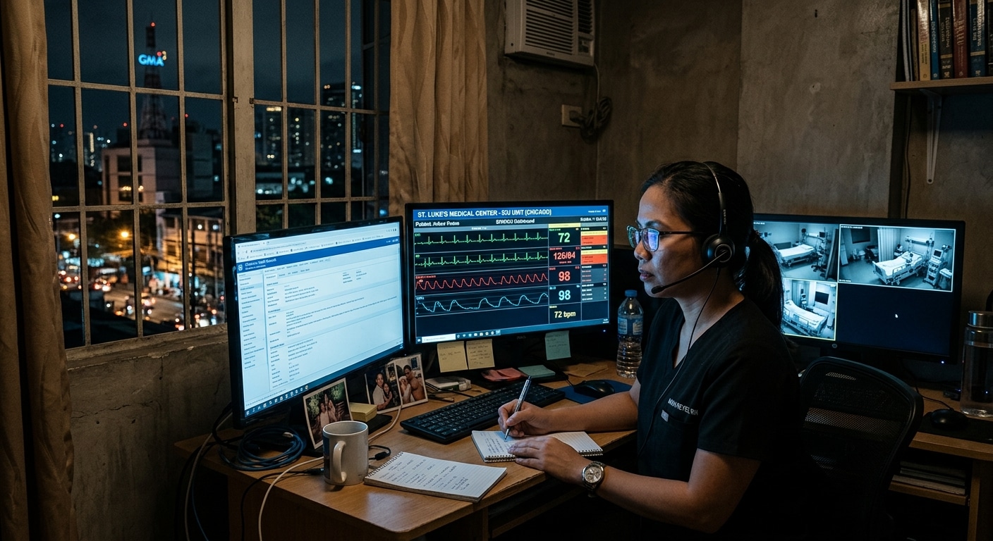 A Filipino nurse working at night from a modest home office in Manila, illuminated by the blue glow of multiple computer monitors displaying patient vital signs, electronic health records, and video feeds of hospital rooms. The scene shows a professional woman in her 30s wearing a headset, intently watching blood pressure readings and ICU monitoring dashboards on her screens. Through the window behind her, the nighttime skyline of a tropical city is visible, while on her screens the sterile environment of an American hospital ward is reflected. The visual contrast between the warm, humble domestic setting and the clinical, high-tech American hospital imagery on the monitors creates a sense of geographic and economic distance. Soft dramatic lighting, photorealistic editorial photography style, cinematic composition emphasizing the duality of global healthcare outsourcing.