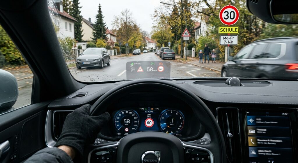 A futuristic European car dashboard viewed from the driver's perspective, showing a digital speed limit display reading an incorrect value near a school zone sign. Outside the windshield, a freshly painted speed limit sign is visible on a suburban street. The car's heads-up display shows GPS satellite connectivity icons and ISA system indicators. The mood is slightly tense and skeptical — cool blue and amber tones, cinematic editorial style, photorealistic rendering, soft natural daylight filtering through the windshield.