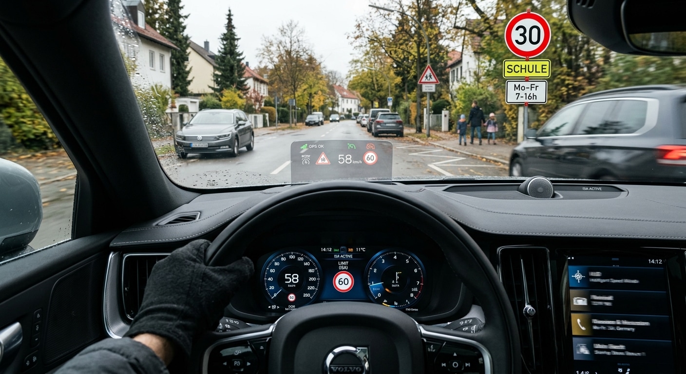 A futuristic European car dashboard viewed from the driver's perspective, showing a digital speed limit display reading an incorrect value near a school zone sign. Outside the windshield, a freshly painted speed limit sign is visible on a suburban street. The car's heads-up display shows GPS satellite connectivity icons and ISA system indicators. The mood is slightly tense and skeptical — cool blue and amber tones, cinematic editorial style, photorealistic rendering, soft natural daylight filtering through the windshield.