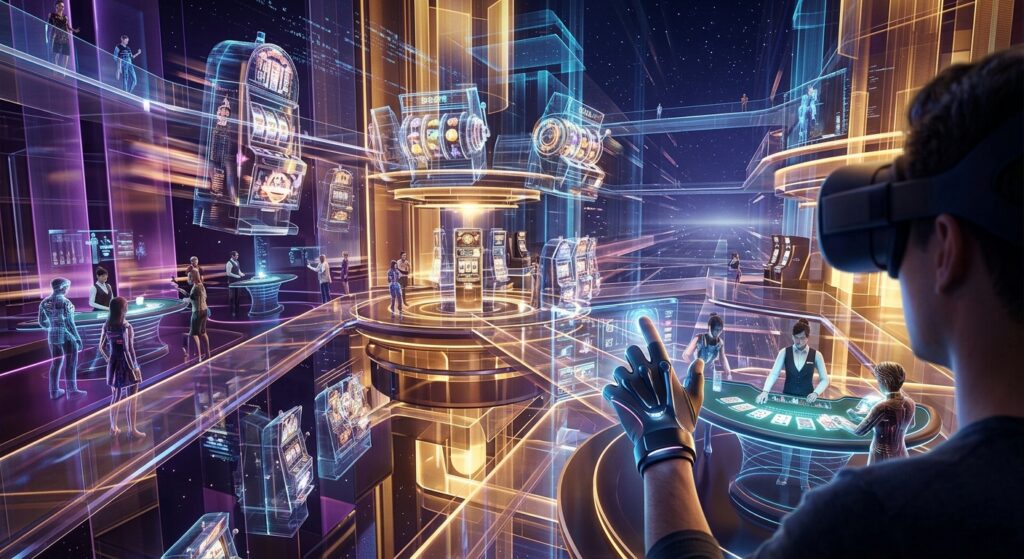 A futuristic virtual reality casino environment rendered in a sleek 3D style, showing a player wearing a VR headset immersed in a glowing digital casino world. The scene features luminous slot machines with advanced 3D animations floating in a virtual space, holographic card tables, and ethereal neon-lit corridors stretching into infinity. Other avatars of players are visible in the background, interacting in a richly detailed metaverse environment. The atmosphere blends the warm amber glow of a traditional casino with cool electric blues and purples of a digital realm, evoking both familiarity and futuristic innovation. The overall mood is immersive, dynamic, and visually spectacular, shot from a first-person perspective to emphasize the sense of presence and depth, photorealistic digital art style with cinematic lighting.
