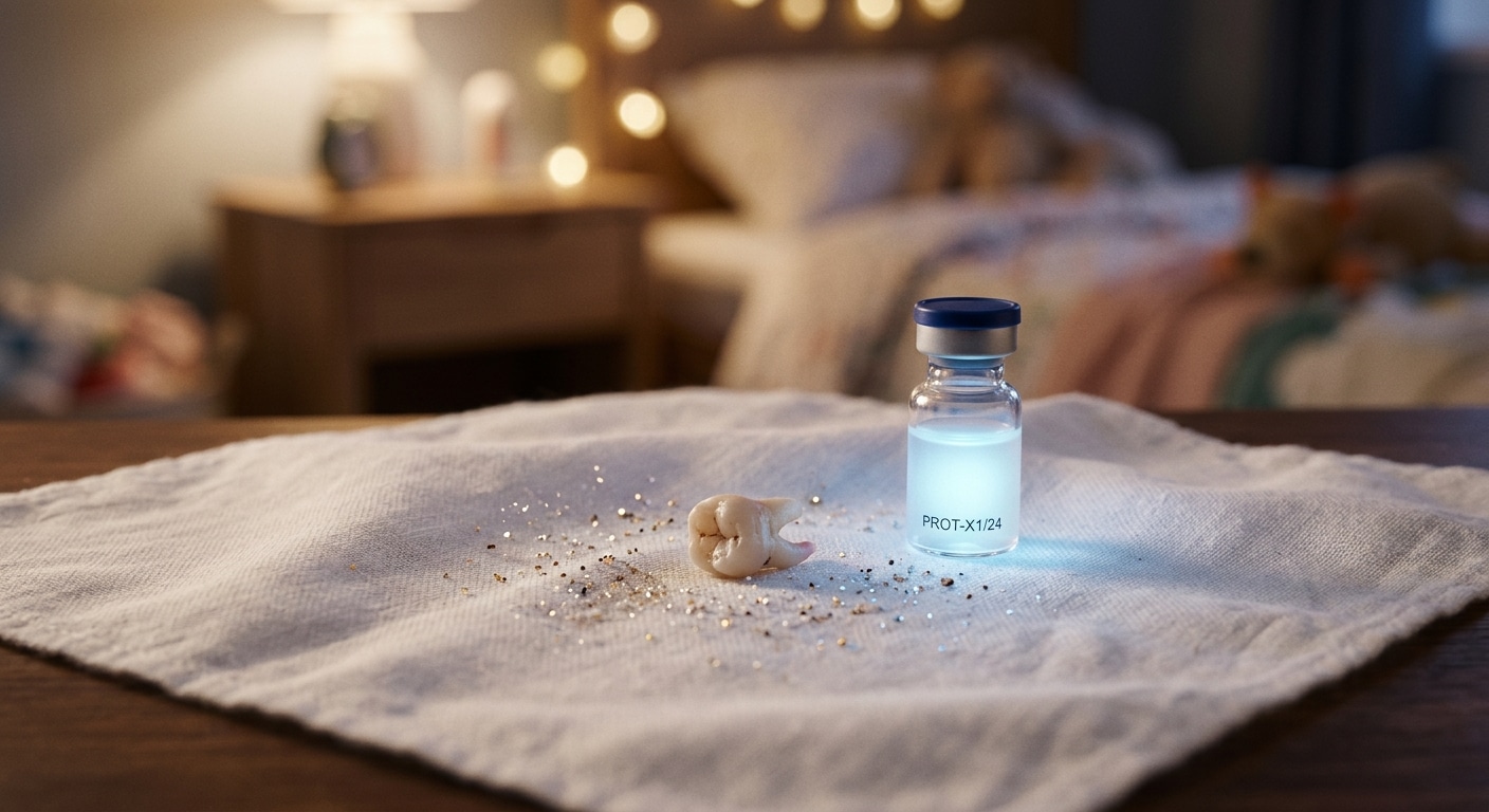 A highly detailed close-up macro photograph of a single baby tooth resting on a soft white handkerchief, surrounded by a few tiny scattered sparkling particles suggesting magic or scientific wonder. Beside the tooth, a miniature glass vial glows faintly with a luminescent blue-white liquid, symbolizing a laboratory-engineered protein solution. The background is a shallow depth-of-field bokeh of a child's bedroom at night, with warm ambient light. The composition blends the innocence of childhood tooth fairy traditions with the precision of modern biomedical science. Photorealistic, editorial style, soft and warm lighting with a subtle scientific coolness in the vial's glow.