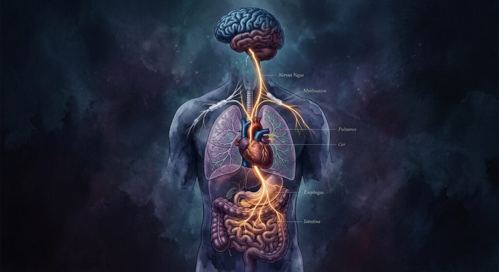A highly detailed, dramatic scientific illustration of the human vagus nerve rendered as a glowing, exposed filament of light traveling through a translucent human torso, threading between the heart, lungs, and gut. The nerve appears unsheathed and luminous compared to other myelinated nerves shown with a faint protective coating. The internal organs are rendered in deep anatomical blues and purples, with warm amber light emanating from the nerve pathway. The brain floats above, connected by this single illuminated thread. The background is dark and atmospheric, suggesting depth and mystery. The overall aesthetic is editorial scientific art — part medical illustration, part philosophical visualization — with a sense that something fundamental and intimate about human consciousness is being revealed from within the body itself.