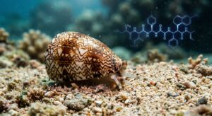 A highly detailed macro photograph of a cone snail (Conus genus) resting on a sandy ocean floor, its intricately patterned shell gleaming with geometric brown and white markings, a delicate translucent proboscis partially extended. Surrounding the snail are soft, blurred elements of the marine environment — coral fragments, fine sand particles, diffused blue-green water light filtering from above. In the background, subtly out of focus, a stylized molecular structure visualization rendered in cool electric blue and white tones suggests a peptide or protein complex. The overall mood is scientific yet otherworldly, combining natural history documentary realism with a faint sense of medical discovery. Cinematic lighting, ultra-sharp foreground detail, shallow depth of field, editorial science photography style.