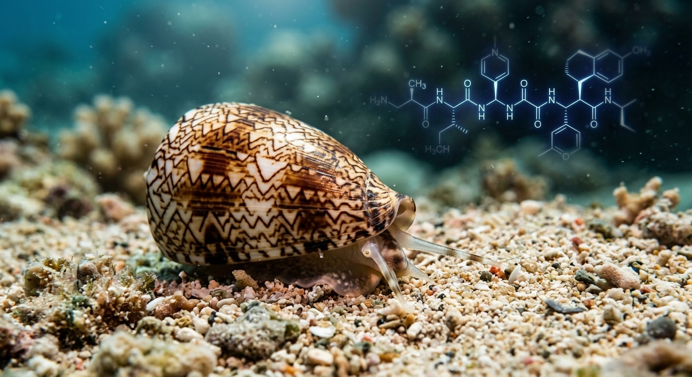 A highly detailed macro photograph of a cone snail (Conus genus) resting on a sandy ocean floor, its intricately patterned shell gleaming with geometric brown and white markings, a delicate translucent proboscis partially extended. Surrounding the snail are soft, blurred elements of the marine environment — coral fragments, fine sand particles, diffused blue-green water light filtering from above. In the background, subtly out of focus, a stylized molecular structure visualization rendered in cool electric blue and white tones suggests a peptide or protein complex. The overall mood is scientific yet otherworldly, combining natural history documentary realism with a faint sense of medical discovery. Cinematic lighting, ultra-sharp foreground detail, shallow depth of field, editorial science photography style.