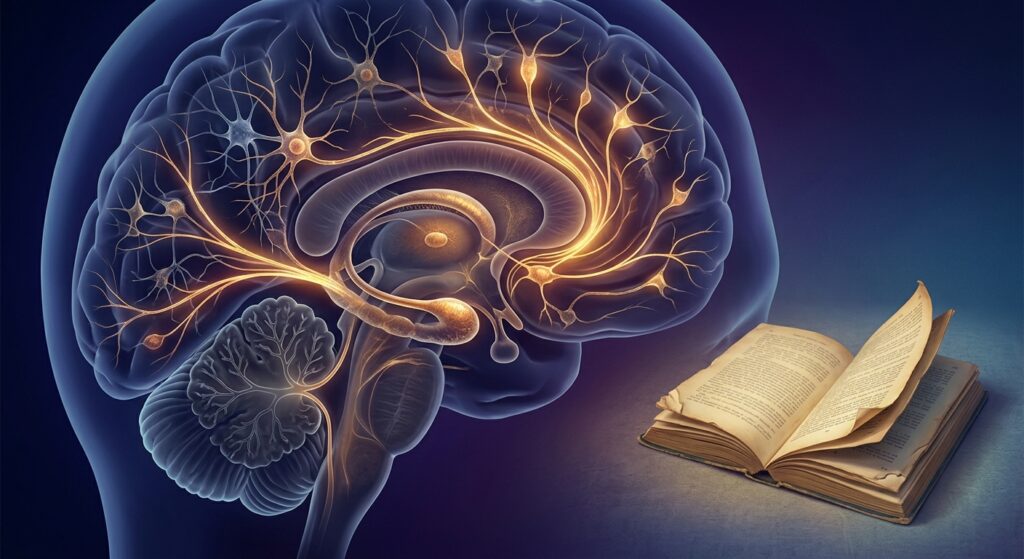 A highly detailed, surreal scientific illustration showing a translucent human cerebellum glowing with a dim, muted light at its core, while luminous neural pathways radiate outward like golden threads connecting to the hippocampus, thalamus, and sensory cortex regions of a semi-transparent brain cross-section. The background is deep indigo, evoking both a scientific imaging environment and a dreamlike inner space. Microscopic neuron structures are visible within the tissue, rendered with photorealistic precision. Floating near the composition, a worn and dog-eared vintage paperback book lies open, its yellowed pages softly illuminated. The color palette transitions from cool blues and purples in the inactive cerebellar core to warm amber and gold in the hyperactive connecting pathways, visually representing the paradox of internal suppression and external hyper-communication. The overall aesthetic blends MRI medical imaging aesthetics with 1950s scientific illustration romanticism, editorial photography lighting, ultra-detailed, cinematic mood.