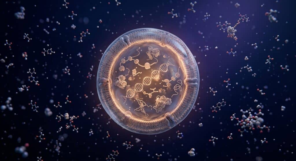 A hyper-detailed scientific illustration of a minimalist synthetic cell floating in a dark, deep blue void, rendered in a style blending editorial photography with microscopic imaging aesthetics. The cell appears as a translucent spherical lipid vesicle with a faint warm glow emanating from within, revealing ghostly molecular machinery — ribosomes, DNA strands, and protein structures — suspended inside. Surrounding the cell, scattered individual molecules drift in the darkness, some organized, some chaotic, suggesting assembly from raw chemical components. The overall mood is contemplative and slightly eerie, balancing wonder and scientific skepticism. The lighting is dramatic, with cool blue-violet tones dominating the background and soft amber warmth inside the cell, emphasizing the tension between chemistry and life. Photorealistic macro scale, ultra-high detail, cinematic depth of field.