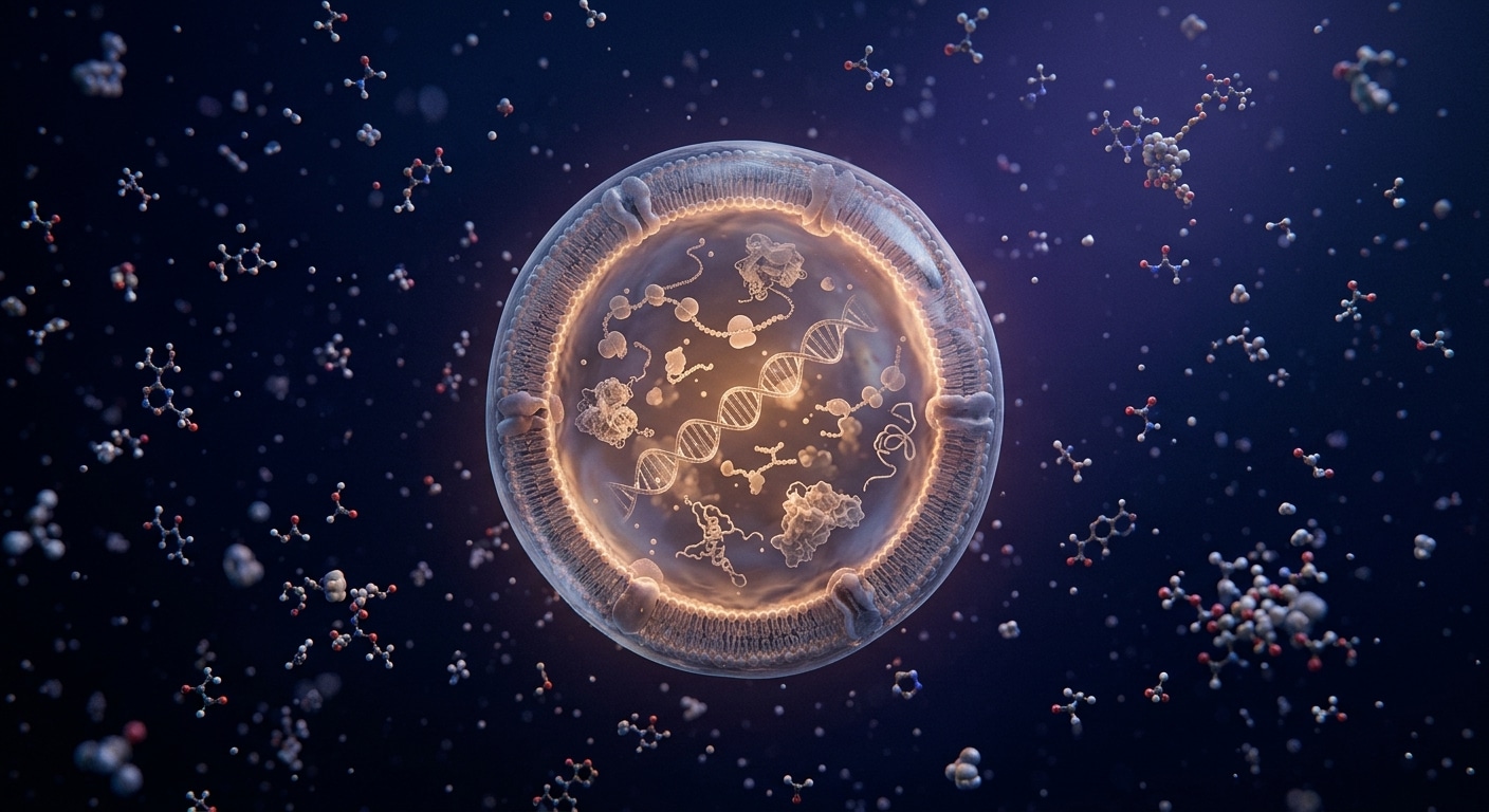 A hyper-detailed scientific illustration of a minimalist synthetic cell floating in a dark, deep blue void, rendered in a style blending editorial photography with microscopic imaging aesthetics. The cell appears as a translucent spherical lipid vesicle with a faint warm glow emanating from within, revealing ghostly molecular machinery — ribosomes, DNA strands, and protein structures — suspended inside. Surrounding the cell, scattered individual molecules drift in the darkness, some organized, some chaotic, suggesting assembly from raw chemical components. The overall mood is contemplative and slightly eerie, balancing wonder and scientific skepticism. The lighting is dramatic, with cool blue-violet tones dominating the background and soft amber warmth inside the cell, emphasizing the tension between chemistry and life. Photorealistic macro scale, ultra-high detail, cinematic depth of field.