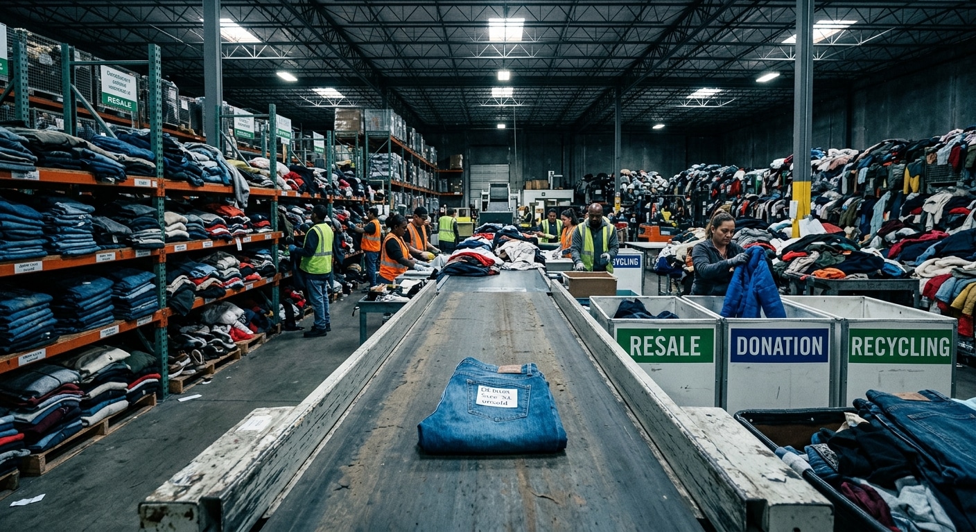 A large industrial warehouse filled with mountains of unsold clothing — jeans, jackets, shoes, and accessories stacked on metal shelving and piled on the floor — bathed in cool warehouse lighting. In the foreground, a pair of folded denim jeans sits prominently on a conveyor belt, symbolizing the crossroads between destruction and a second life. Workers in the background sort garments into labeled bins marked for resale, donation, and recycling. The atmosphere is cinematic and editorial, with a slightly desaturated color palette punctuated by the vivid blues of denim and greens of recycling signage. The mood is serious yet hopeful, evoking industrial transformation and environmental responsibility. Photorealistic style, wide-angle perspective, dramatic overhead lighting casting long shadows across rows of textile inventory.