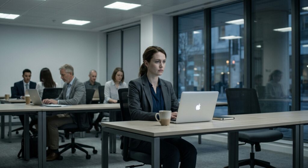 A lone office worker sits at a modern open-plan desk in a dim, corporate environment, staring blankly at a glowing laptop screen. The figure appears composed and professionally dressed, posture upright, yet their expression is hollow and distant — visually present but emotionally absent. Around them, other colleagues type away, seemingly engaged, yet all share a subtle flatness in their demeanor. The office is clean and orderly, with neutral grays and cool blues dominating the palette. Soft fluorescent light casts a sterile glow. In the background, a large window reflects the silhouette of the worker, slightly ghostlike, suggesting a disconnection between physical presence and inner identity. The overall mood is quietly melancholic, contemplative, and modern — editorial photography style, cinematic depth of field, muted color grading.