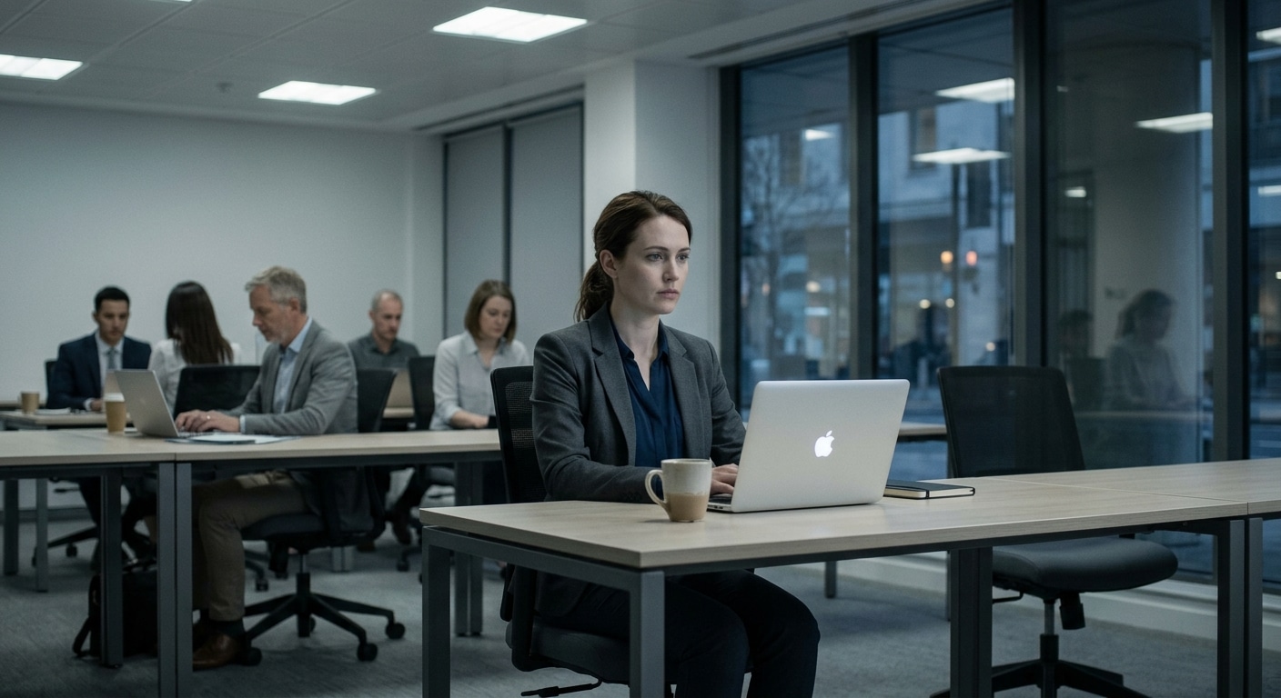 A lone office worker sits at a modern open-plan desk in a dim, corporate environment, staring blankly at a glowing laptop screen. The figure appears composed and professionally dressed, posture upright, yet their expression is hollow and distant — visually present but emotionally absent. Around them, other colleagues type away, seemingly engaged, yet all share a subtle flatness in their demeanor. The office is clean and orderly, with neutral grays and cool blues dominating the palette. Soft fluorescent light casts a sterile glow. In the background, a large window reflects the silhouette of the worker, slightly ghostlike, suggesting a disconnection between physical presence and inner identity. The overall mood is quietly melancholic, contemplative, and modern — editorial photography style, cinematic depth of field, muted color grading.