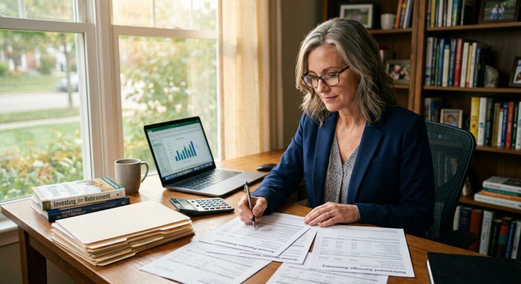 A mature professional in their 50s sitting at a well-lit desk, carefully reviewing official pension documents and financial statements, with reading glasses resting on their nose and a focused, empowered expression. The desk features neatly organized folders, a calculator, and a laptop displaying charts and data. Soft, warm natural light filters through a window in the background. The overall atmosphere conveys confidence, financial literacy, and proactive civic responsibility. Editorial photography style, realistic and professional, with a clean and modern home office setting.