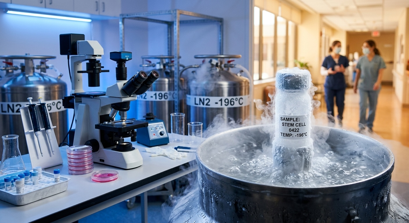 A medical research scene depicting a cryogenic laboratory with liquid nitrogen storage tanks emitting wisps of cold vapor, alongside a microscope and petri dishes on a sterile lab bench. In the foreground, a close-up of a scientific vial or cryogenic container submerged in liquid nitrogen, surrounded by frost and cold mist. The background shows a soft-focus hospital setting with warm light suggesting hope and possibility. The mood is quietly optimistic and scientifically precise — editorial style, photorealistic, cool blue and white tones with subtle warm amber accents, shallow depth of field.