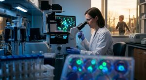 A medical research scene depicting a pediatric oncology laboratory setting, where a scientist in a white coat carefully works with luminous immune cells under a microscope, with glowing T-lymphocytes visible in the foreground. In the background, soft warm light filters through a window where the silhouette of a child playing outside can be seen. The atmosphere blends scientific precision with profound human hope. Photorealistic editorial style, cinematic lighting with cool blue laboratory tones contrasted against warm golden light from the window, shallow depth of field, emotionally resonant composition evoking both the weight of serious illness and the fragile promise of breakthrough medicine.