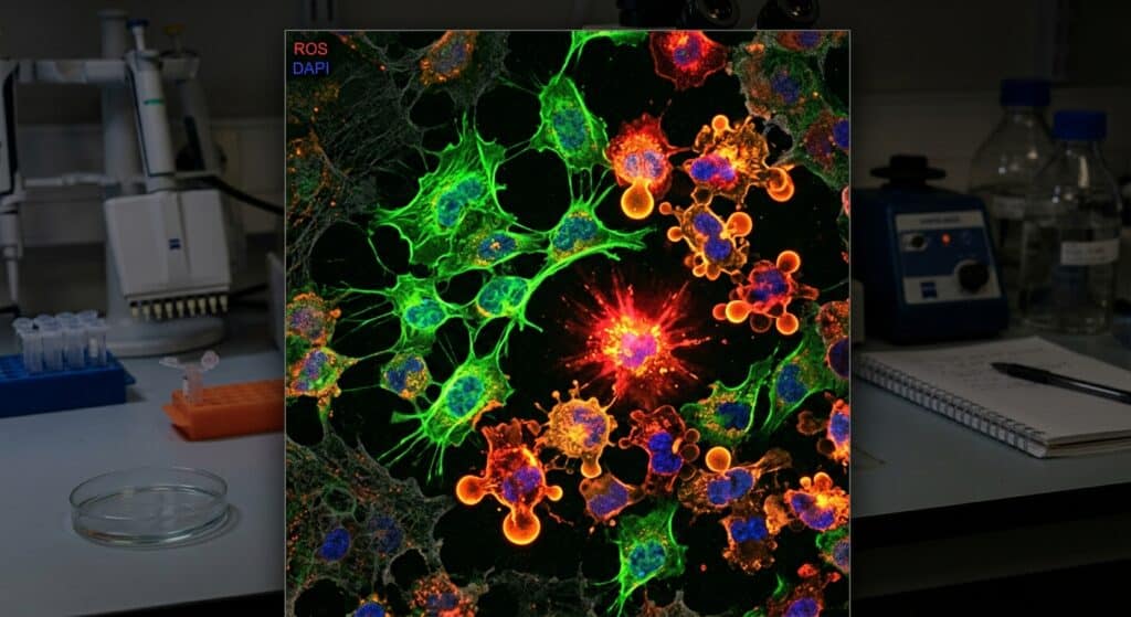 A microscopic scientific scene set inside a research laboratory at a small university, showing pancreatic cancer cells under dramatic fluorescence microscopy lighting. The image depicts glowing, irregular tumor cell clusters on a dark background, some cells appearing to halt mid-migration, frozen in place, while others show signs of cellular collapse and apoptosis with vivid red and orange radiant bursts indicating oxidative stress and programmed cell death. In the background, softly out of focus, petri dishes, pipettes, and lab equipment suggest a modest but dedicated research environment. The visual mood is tense yet hopeful — the color palette contrasts deep blue-black backgrounds with bright amber, crimson, and electric green fluorescent highlights from the dying cancer cells. The style is photorealistic scientific editorial photography blended with high-magnification microscopy aesthetics, dramatic and precise.
