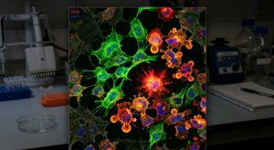 A microscopic scientific scene set inside a research laboratory at a small university, showing pancreatic cancer cells under dramatic fluorescence microscopy lighting. The image depicts glowing, irregular tumor cell clusters on a dark background, some cells appearing to halt mid-migration, frozen in place, while others show signs of cellular collapse and apoptosis with vivid red and orange radiant bursts indicating oxidative stress and programmed cell death. In the background, softly out of focus, petri dishes, pipettes, and lab equipment suggest a modest but dedicated research environment. The visual mood is tense yet hopeful — the color palette contrasts deep blue-black backgrounds with bright amber, crimson, and electric green fluorescent highlights from the dying cancer cells. The style is photorealistic scientific editorial photography blended with high-magnification microscopy aesthetics, dramatic and precise.