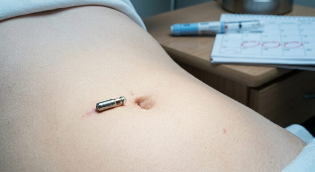 A photorealistic close-up editorial-style image of a small, sleek subcutaneous medical implant device resting on clean white skin near the abdomen, surrounded by soft clinical lighting. The implant is tiny, cylindrical, and modern-looking, suggesting advanced biotechnology. In the blurred background, a weekly injection pen and a calendar with marked dates are visible, symbolizing the contrast between the traditional routine of weekly injections and the promise of a long-lasting implant. The color palette is cool and clinical — whites, soft blues, and subtle silvers — conveying medical precision and innovation. The mood is forward-looking and quietly optimistic, with a hint of complexity suggesting the technology is still in development.