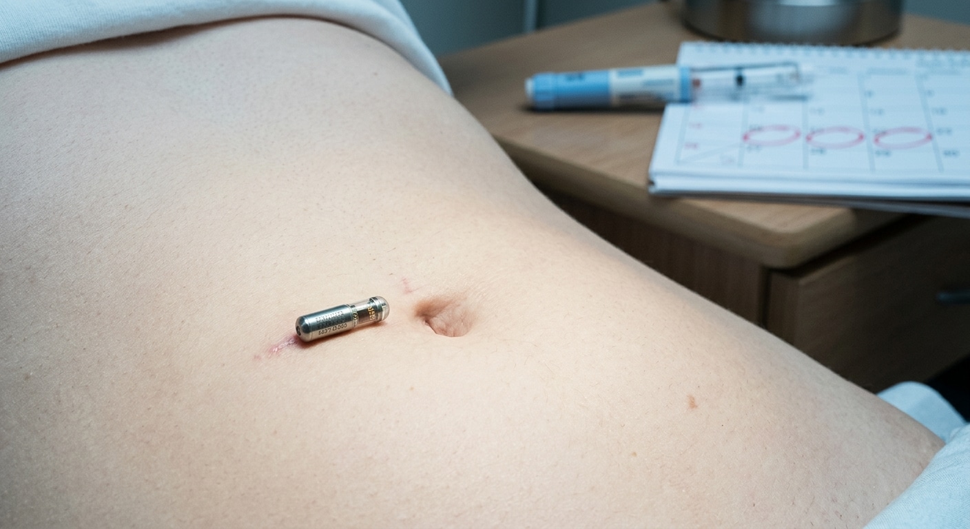 A photorealistic close-up editorial-style image of a small, sleek subcutaneous medical implant device resting on clean white skin near the abdomen, surrounded by soft clinical lighting. The implant is tiny, cylindrical, and modern-looking, suggesting advanced biotechnology. In the blurred background, a weekly injection pen and a calendar with marked dates are visible, symbolizing the contrast between the traditional routine of weekly injections and the promise of a long-lasting implant. The color palette is cool and clinical — whites, soft blues, and subtle silvers — conveying medical precision and innovation. The mood is forward-looking and quietly optimistic, with a hint of complexity suggesting the technology is still in development.