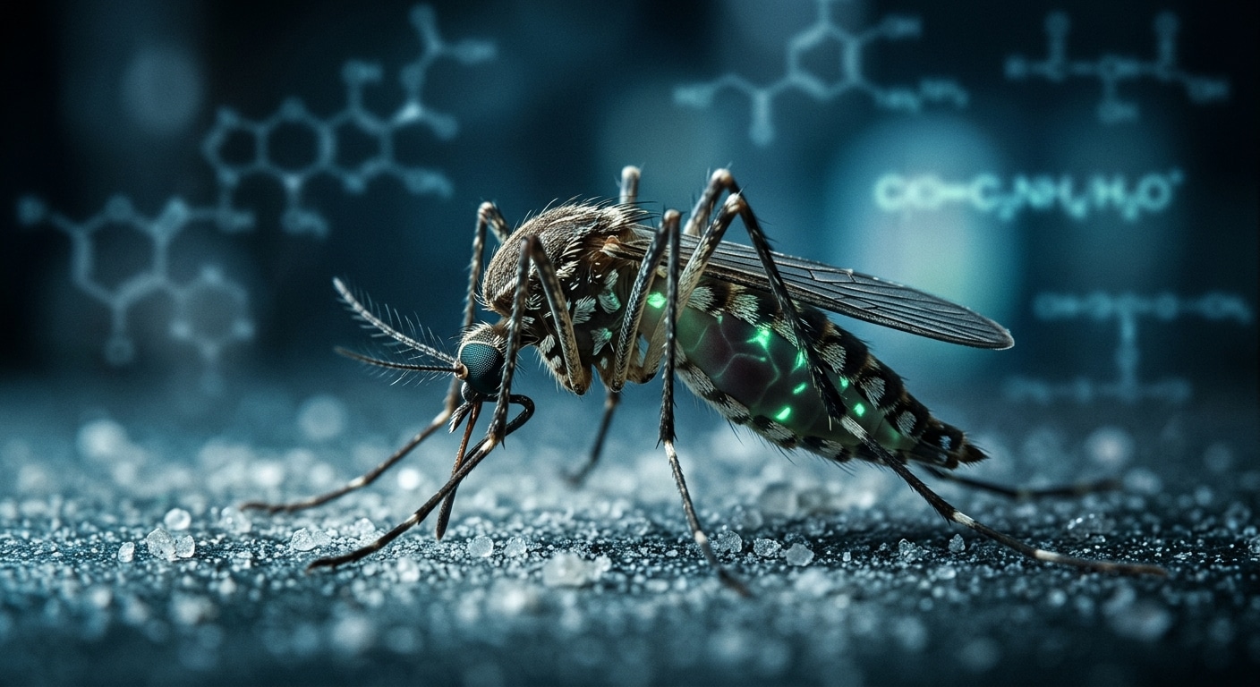 A photorealistic close-up macro photograph of an Aedes aegypti mosquito, dramatically lit against a dark background, with glowing bioluminescent green highlights subtly suggesting active enzyme reactions within its translucent body. The mosquito is shown alive and resilient, perched on a surface dusted with fine chemical powder residue. In the background, faint molecular structures and enzyme diagrams are softly blurred, evoking biochemical resistance. The mood is scientific and slightly ominous, with deep shadows and cool blue-green tones emphasizing the threat of insecticide resistance. Editorial photography style, ultra-detailed wings and compound eyes visible, shallow depth of field.
