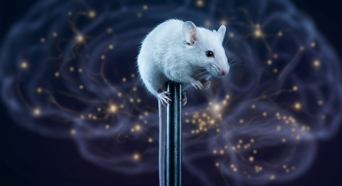 A photorealistic close-up of a laboratory mouse perched on top of a thin vertical rod against a dark background, lit by a cool clinical blue-white light. In the background, softly out of focus, glowing neurological imagery suggests the substantia nigra region of the brain with scattered dopaminergic neurons rendered as faint golden points of light slowly dimming. The overall mood is scientific and contemplative, with a slight sense of fragility — the mouse balanced precariously, the neurons fading quietly in the distance. Editorial medical illustration style, high detail, shallow depth of field.