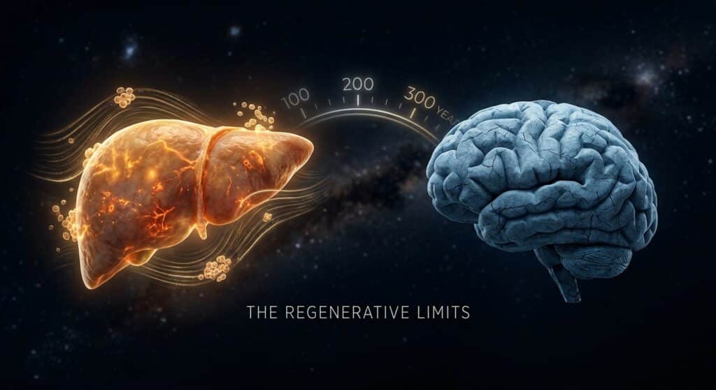 Vita umana A photorealistic editorial illustration depicting the stark biological contrast between a human liver and a human brain, rendered as two sculptural organs floating in a dark, deep-space-like void. The liver glows with warm amber and golden light, surrounded by softly pulsing regenerative energy, cells visibly renewing themselves in gentle waves. The brain, by contrast, is rendered in cool blue-grey tones, static and monumental, with subtle cracks forming along its cortical surface like ancient stone — neurons frozen in time, accumulating invisible damage. Between them, a faint numerical arc suggests the passage of centuries, evoking deep time and biological limits. The overall mood is scientific, contemplative, and slightly melancholic — the beauty of a body built with mismatched clocks. Cinematic lighting, ultra-detailed macro biological textures, dramatic contrast between warm and cold palettes.