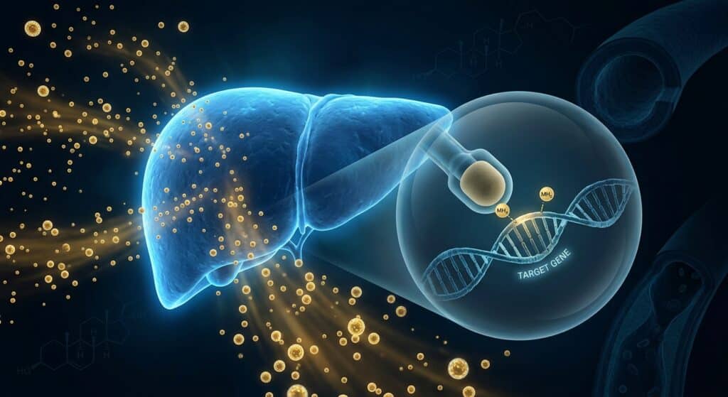 A photorealistic editorial illustration of a human liver glowing with soft blue bioluminescent light, suspended in a dark scientific environment. Surrounding it, dozens of tiny spherical lipid nanoparticles drift through the air like luminous golden droplets, approaching the liver surface. At a molecular level, visible through a translucent magnification effect, a blunted molecular tool — distinct from sharp scissors — gently attaches methyl groups to a strand of intact DNA helix, dimming a highlighted gene segment labeled with a subtle glow. In the background, faint silhouettes of cholesterol molecules and arterial cross-sections fade into darkness. The overall aesthetic is cinematic scientific visualization, deep blue and gold tones, dramatic lighting, ultra-detailed, high resolution.