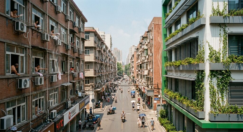 A photorealistic editorial illustration of a modern city neighborhood on a sweltering summer day, with multiple air conditioning units mounted on building facades all blowing hot air outward into the street, visible as heat distortion waves. The urban scene feels trapped in a feedback loop — the more AC units run, the hotter the outdoor environment becomes. Contrasting with this, one building stands out with white reflective walls, exterior shading panels, and green vegetation on its facade, remaining visibly cooler. The sky above is a hazy, bleached hot blue. The overall mood is tense and urgent, with a cinematic, slightly dystopian quality. Shot from a slightly elevated perspective to show the density of AC units across rooftops and walls, emphasizing scale and repetition.