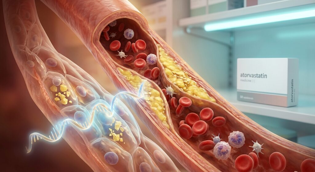 A photorealistic editorial illustration showing a cross-section of a human artery with visible atherosclerotic plaque buildup along the inner walls, rendered in warm clinical tones. On one side of the composition, a small glowing mRNA strand — depicted as a luminous, double-helix-like ribbon in soft blue and gold — is shown penetrating arterial wall cells and dissolving cholesterol crystals from within. The cells are visualized in a semi-transparent biological style, revealing microscopic lipid deposits inside. In the background, slightly out of focus, a modest pharmacy shelf holds a generic white medicine box, representing atorvastatin, bathed in cool fluorescent light. The overall mood is scientific yet hopeful, blending medical illustration aesthetics with photographic realism. The lighting contrasts the warm glow of the experimental mRNA therapy against the cold, clinical pharmacy setting, symbolizing the gap between current treatment and future medicine.