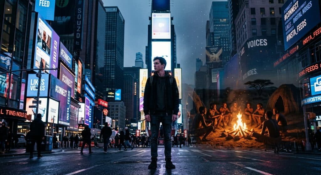 A photorealistic editorial illustration showing a modern human figure standing in a dense, glowing urban environment filled with towering skyscrapers and screens displaying curated social media feeds, while behind them, faintly visible like a ghostly double exposure, stretches a small prehistoric tribal gathering around a fire in an open savanna landscape. The contrast between the two worlds is stark: the city is cold, blue-toned, and overwhelming, while the ancient scene is warm, intimate, and human-scaled. The lone figure in the center appears slightly disoriented, caught between two realities, surrounded by digital noise yet instinctively drawn toward the warmth behind them. Cinematic lighting, moody atmosphere, high detail, conceptual photography style.
