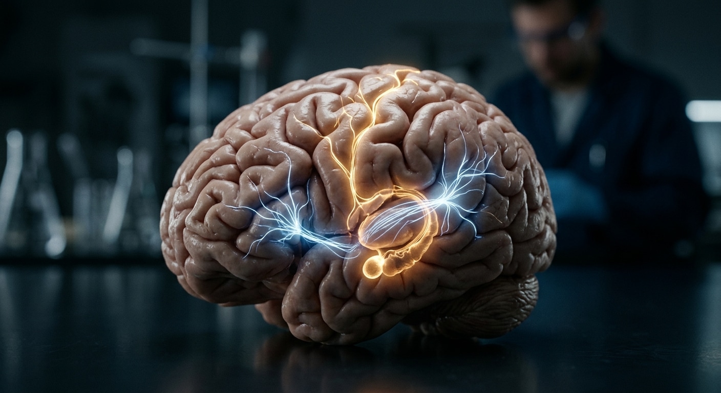 A photorealistic, editorial-style close-up of a human brain rendered in soft anatomical detail, with two distinct glowing neural pathways illuminated in different colors — one warm golden-amber light tracing through the limbic and motor cortex regions, the other a cool blue-white light weaving through language and speech areas. The background is dark and slightly blurred, creating a cinematic, scientific atmosphere. The two luminous circuits are visually separate yet coexist within the same brain, suggesting parallel but different processes. The overall mood is curious, slightly poetic, and intellectually evocative — like a medical illustration brought to life.