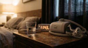 A photorealistic, editorial-style close-up of a nightstand in a softly lit bedroom at night. On the wooden surface sits a small white pill next to a glass of water, a digital alarm clock glowing faintly in the background. Slightly out of focus behind the pill, a CPAP machine with its tube and face mask rests on the same surface, suggesting a transition or alternative. The mood is calm and intimate, with warm ambient light filtering through curtains. The composition contrasts the bulky medical device with the single tiny tablet, emphasizing the concept of a simpler solution for sleep apnea treatment.