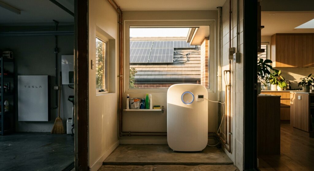 A photorealistic editorial-style illustration showing a cross-section view of a modern home interior at golden hour, with warm sunlight streaming through windows onto rooftop solar panels visible outside. In the foreground, a sleek white electric water heater stands prominently in a utility room, subtly glowing with a soft blue smart-control indicator light. Beside it, slightly out of focus in the background, sits a large expensive home battery unit in a garage. A simple digital timer is attached to the water heater. The lighting emphasizes the water heater as the hero object, bathed in natural daylight, while the battery unit recedes into shadow. The overall mood is calm, domestic, and quietly revelatory — suggesting hidden potential in an overlooked household appliance. Clean, contemporary interior design aesthetic with warm tones, no text or labels visible.