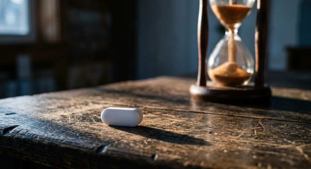 A photorealistic editorial-style image depicting a single white metformin pill resting on a worn wooden surface, dramatically lit from the side with sharp chiaroscuro lighting. In the background, softly out of focus, an hourglass with slowly falling sand. The pill casts a long shadow. The overall color palette is cool and clinical — pale blues, whites, and grays — contrasted with the warm amber glow of the hourglass. The composition evokes tension between scientific promise and institutional inertia, the smallness of an inexpensive generic tablet against the vast, slow machinery of aging research and pharmaceutical economics. Cinematic depth of field, high detail, no text or labels visible.