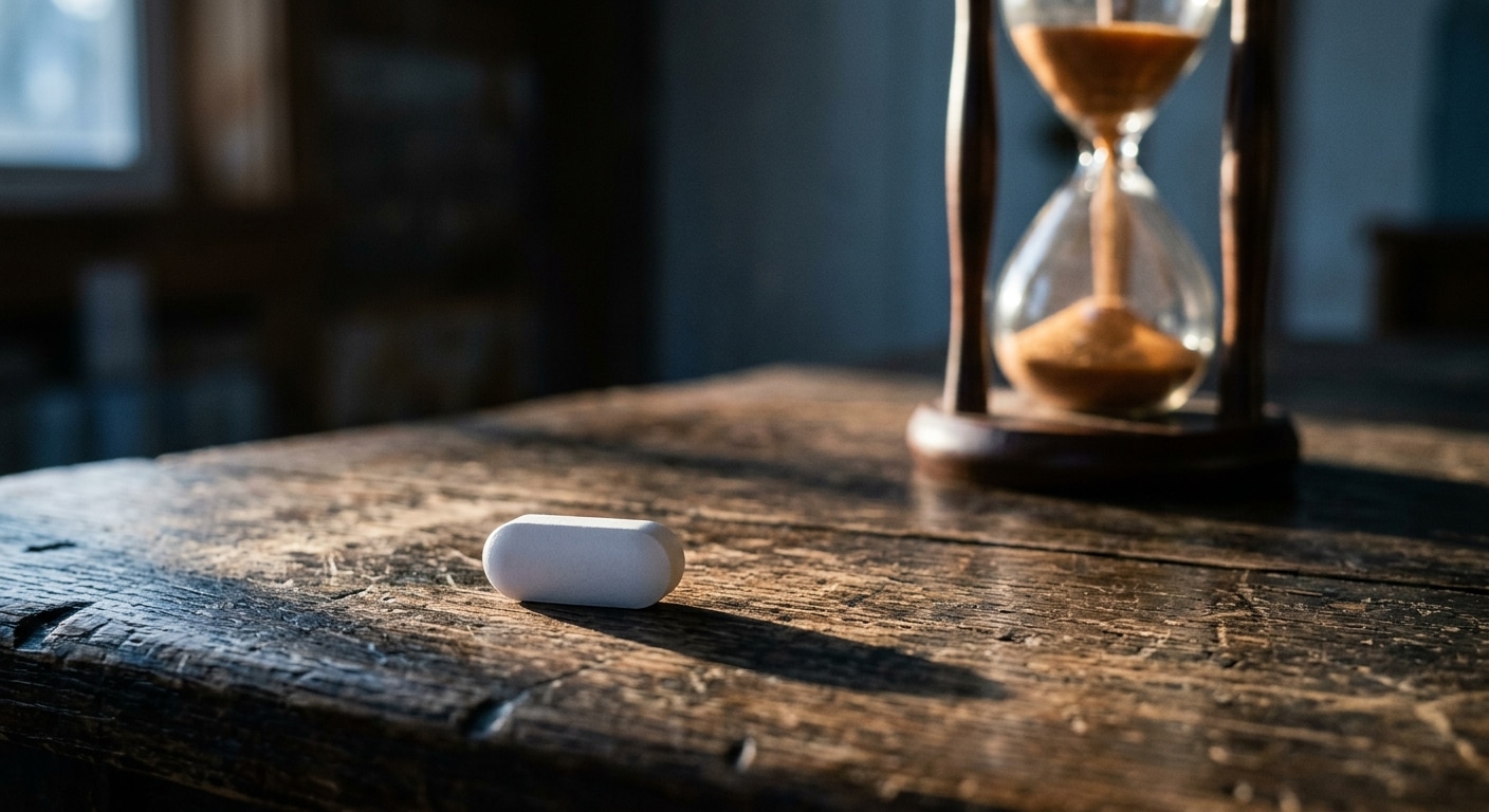 A photorealistic editorial-style image depicting a single white metformin pill resting on a worn wooden surface, dramatically lit from the side with sharp chiaroscuro lighting. In the background, softly out of focus, an hourglass with slowly falling sand. The pill casts a long shadow. The overall color palette is cool and clinical — pale blues, whites, and grays — contrasted with the warm amber glow of the hourglass. The composition evokes tension between scientific promise and institutional inertia, the smallness of an inexpensive generic tablet against the vast, slow machinery of aging research and pharmaceutical economics. Cinematic depth of field, high detail, no text or labels visible.