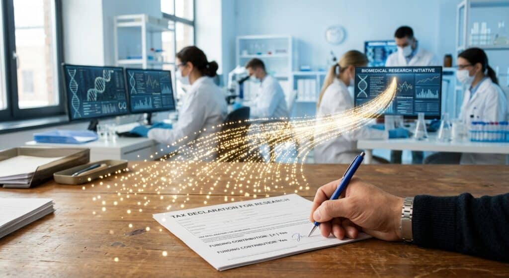 A photorealistic editorial-style image depicting the concept of collective citizen funding for medical research. In the foreground, a hand holding a pen signs a tax declaration form on a wooden desk, with soft natural light. In the background, slightly blurred, a modern biomedical laboratory is visible with scientists in white coats examining genetic sequences on illuminated screens. Scattered across the composition are subtle visual metaphors for collective participation: hundreds of tiny light dots converging into a single luminous stream flowing toward the laboratory. The overall color palette is warm and hopeful, combining cream, gold, and clinical blue-white tones. The mood is optimistic and civic-minded, conveying the idea that small individual choices, multiplied across millions of people, generate meaningful scientific progress. Photographic depth of field, high-quality editorial photography aesthetic.