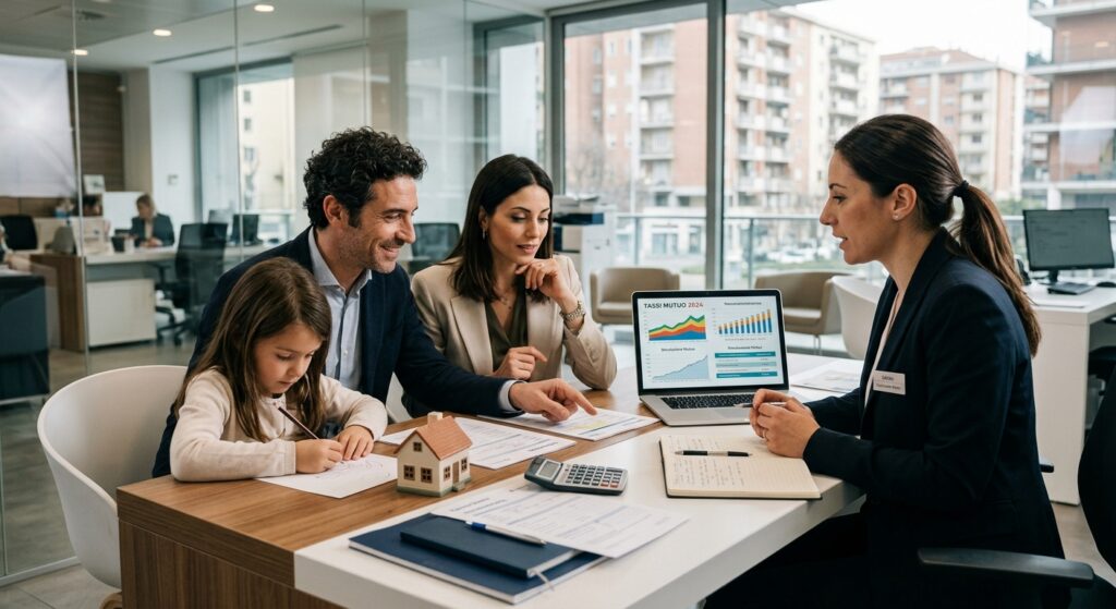 A photorealistic editorial-style image of a modern Italian family consulting with a bank advisor at a sleek office desk, with documents and a laptop displaying mortgage rate charts and graphs. The setting is a contemporary bank branch with large windows letting in natural light. In the background, a blurred cityscape with residential apartment buildings is visible. On the desk, visible financial documents, a small model house, and a calculator suggest a mortgage consultation. The atmosphere is serious yet hopeful, conveying financial planning and decision-making. Warm, professional lighting with a clean, modern aesthetic. No text or logos visible.