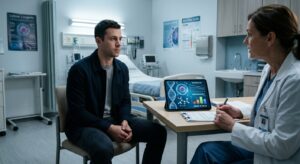 A photorealistic editorial-style image of a young adult, approximately 30 years old, sitting in a modern medical examination room under cool fluorescent lighting. The person appears healthy and athletic, wearing casual clothes, looking thoughtfully at a doctor across a desk. On the desk, a glowing digital tablet displays abstract biological data visualizations — cell structures, DNA helixes, and colorful graph curves suggesting aging markers. The atmosphere is clinical yet intimate, conveying a sense of unexpected vulnerability. Soft shadows, muted tones of white, grey and blue dominate the scene, with a subtle warm light on the patient's face suggesting uncertainty and contemplation. The mood is quietly unsettling, reflecting the paradox of youth and hidden biological aging.