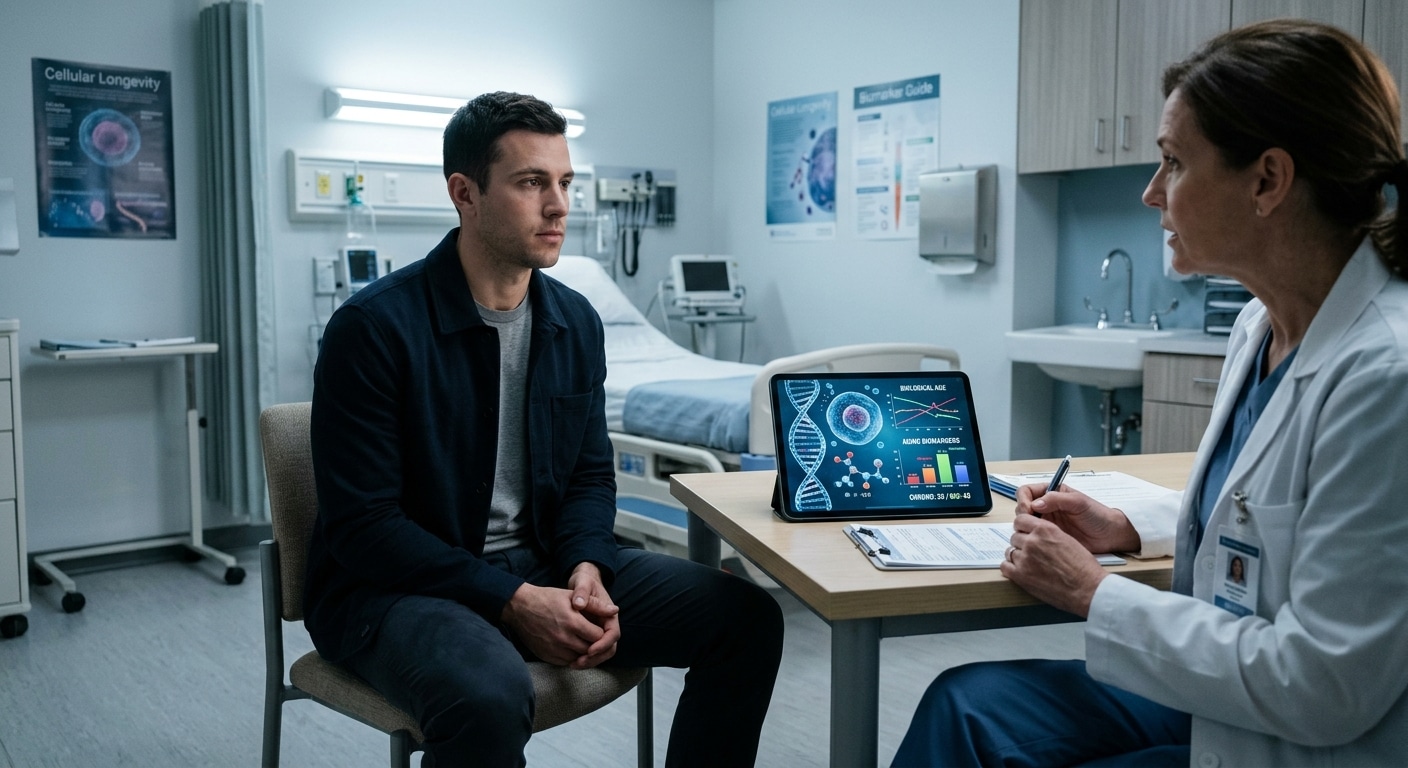 A photorealistic editorial-style image of a young adult, approximately 30 years old, sitting in a modern medical examination room under cool fluorescent lighting. The person appears healthy and athletic, wearing casual clothes, looking thoughtfully at a doctor across a desk. On the desk, a glowing digital tablet displays abstract biological data visualizations — cell structures, DNA helixes, and colorful graph curves suggesting aging markers. The atmosphere is clinical yet intimate, conveying a sense of unexpected vulnerability. Soft shadows, muted tones of white, grey and blue dominate the scene, with a subtle warm light on the patient's face suggesting uncertainty and contemplation. The mood is quietly unsettling, reflecting the paradox of youth and hidden biological aging.