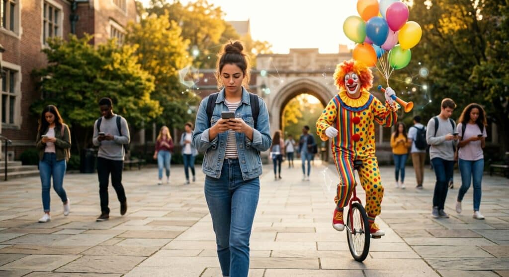 A photorealistic editorial-style image set in a sunlit university courtyard during a late afternoon. In the center, a young student walks while staring intently at a smartphone screen, completely absorbed. Just a meter away, a colorful clown in full costume — red nose, curly wig, polka-dot outfit, holding a bunch of balloons — rides past on a unicycle. The student does not notice at all. Other students in the background also look at their phones, oblivious. The scene is rendered with a slightly surreal, dreamlike quality: a soft glow surrounds the clown, emphasizing the contrast between the vivid, extraordinary figure and the student's tunnel-vision focus on the screen. Overlaying the composition, translucent abstract shapes suggest the brain's internal processing — faint geometric forms floating near the student's head, some lit up and others fading into darkness, evoking the selective nature of working memory and conscious awareness. Warm golden light, shallow depth of field, cinematic atmosphere.