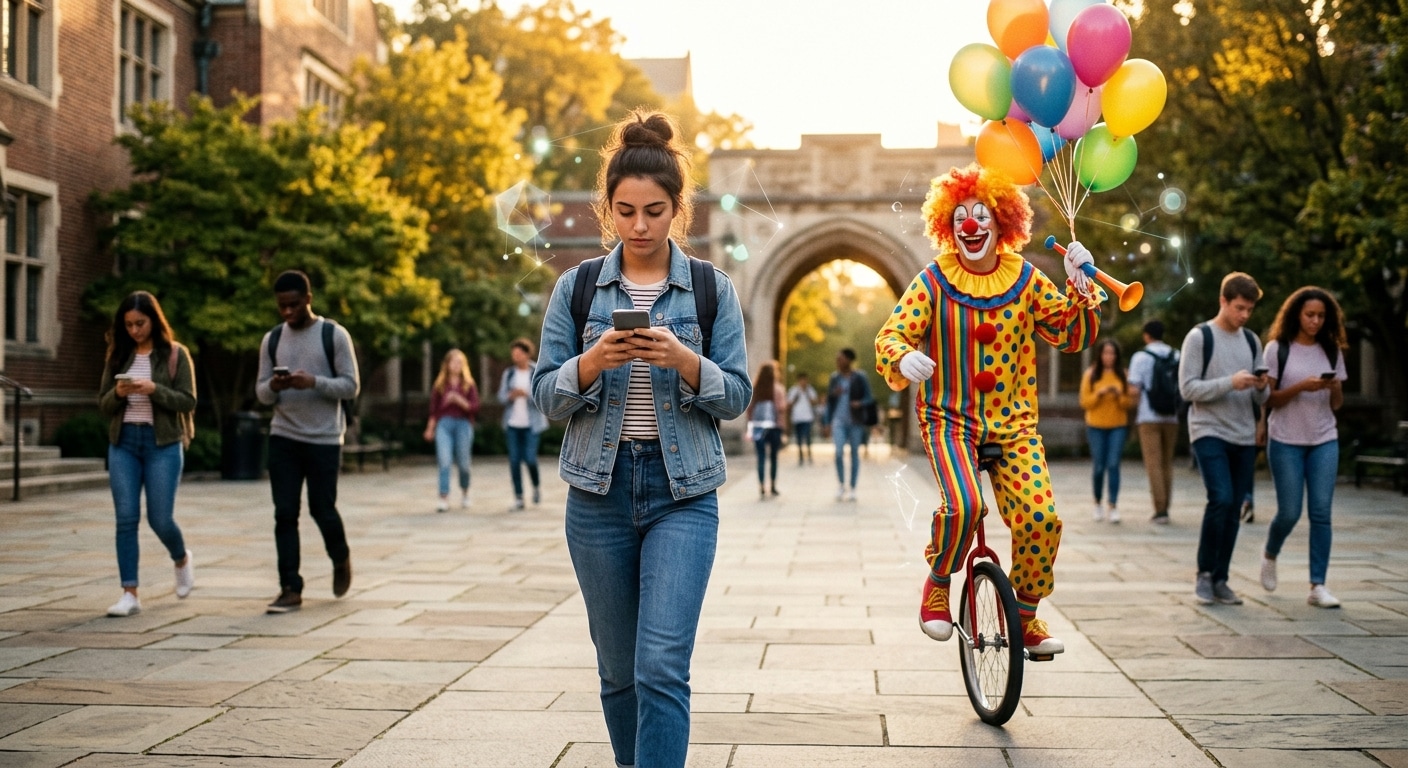 A photorealistic editorial-style image set in a sunlit university courtyard during a late afternoon. In the center, a young student walks while staring intently at a smartphone screen, completely absorbed. Just a meter away, a colorful clown in full costume — red nose, curly wig, polka-dot outfit, holding a bunch of balloons — rides past on a unicycle. The student does not notice at all. Other students in the background also look at their phones, oblivious. The scene is rendered with a slightly surreal, dreamlike quality: a soft glow surrounds the clown, emphasizing the contrast between the vivid, extraordinary figure and the student's tunnel-vision focus on the screen. Overlaying the composition, translucent abstract shapes suggest the brain's internal processing — faint geometric forms floating near the student's head, some lit up and others fading into darkness, evoking the selective nature of working memory and conscious awareness. Warm golden light, shallow depth of field, cinematic atmosphere.