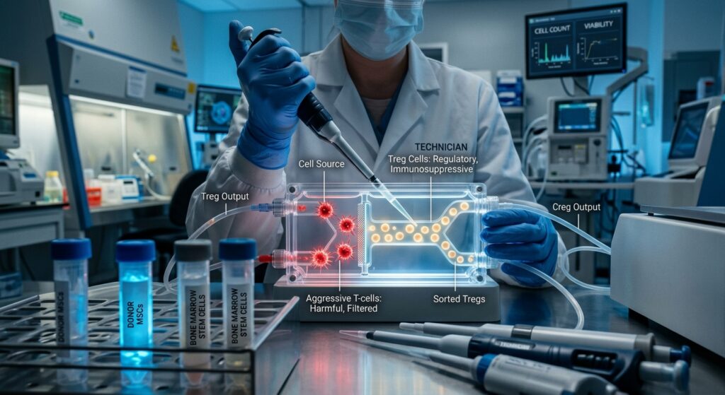 A photorealistic editorial-style medical illustration showing a close-up of a laboratory technician's gloved hands carefully separating and sorting glowing cellular components in a specialized medical processing device, with vials of luminescent blue and white cell cultures in the foreground. The background shows a sterile bone marrow transplant facility with soft clinical lighting. Some cells appear calm and regulatory, depicted as soft golden spheres, while more aggressive cells are visualized as sharp red forms being carefully filtered out. The atmosphere is precise, scientific, and hopeful yet sobering, with a shallow depth of field emphasizing the delicate cellular separation process. Cinematic medical photography style with cool blue and warm amber tones.