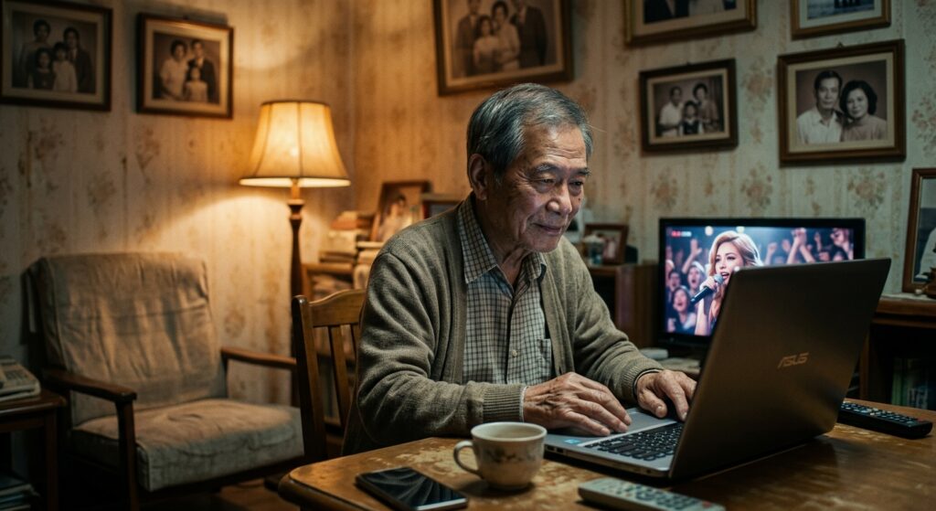 A photorealistic editorial-style scene set in a modest, warmly lit apartment in Taiwan. An elderly Asian man in his late sixties sits alone in a dimly lit room, the soft glow of a tablet or laptop screen illuminating his weathered face. On the screen, a blond AI-generated woman with an unnaturally perfect appearance is visible, mid-performance, surrounded by a blurred, emotional crowd. The man's expression is complex — nostalgic, quietly melancholic, yet peaceful. Around him, small details suggest solitude: a single teacup, framed old photographs on the wall, an empty chair nearby. The atmosphere is intimate and bittersweet, evoking loneliness, technological comfort, and the quiet ache of memory. Cinematic lighting with warm amber tones, shallow depth of field, documentary photography aesthetic.