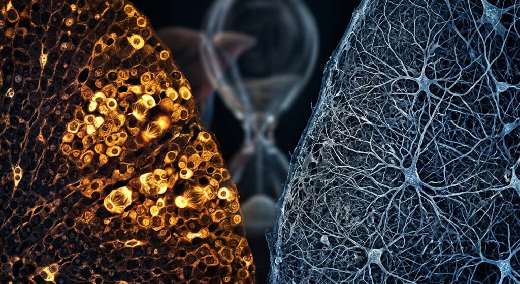 A photorealistic, editorial-style scientific illustration showing a dramatic visual contrast between two types of biological tissue at a microscopic level: on one side, a vibrant, actively regenerating liver tissue with dividing cells glowing in warm amber and gold tones, symbolizing renewal and vitality; on the other side, dense, intricate cortical neurons rendered in cool blue and silver, static and unchanging, bearing the weight of accumulated time. The two tissue types are separated by a subtle visual boundary, suggesting asymmetry and biological tension. In the background, a faint hourglass-like structure emerges from abstract anatomical forms, evoking the passage of time and biological limits. The overall mood is contemplative and scientific, with a slightly dramatic, high-contrast lighting reminiscent of medical imaging meets fine art photography. No text, no labels, no branding.