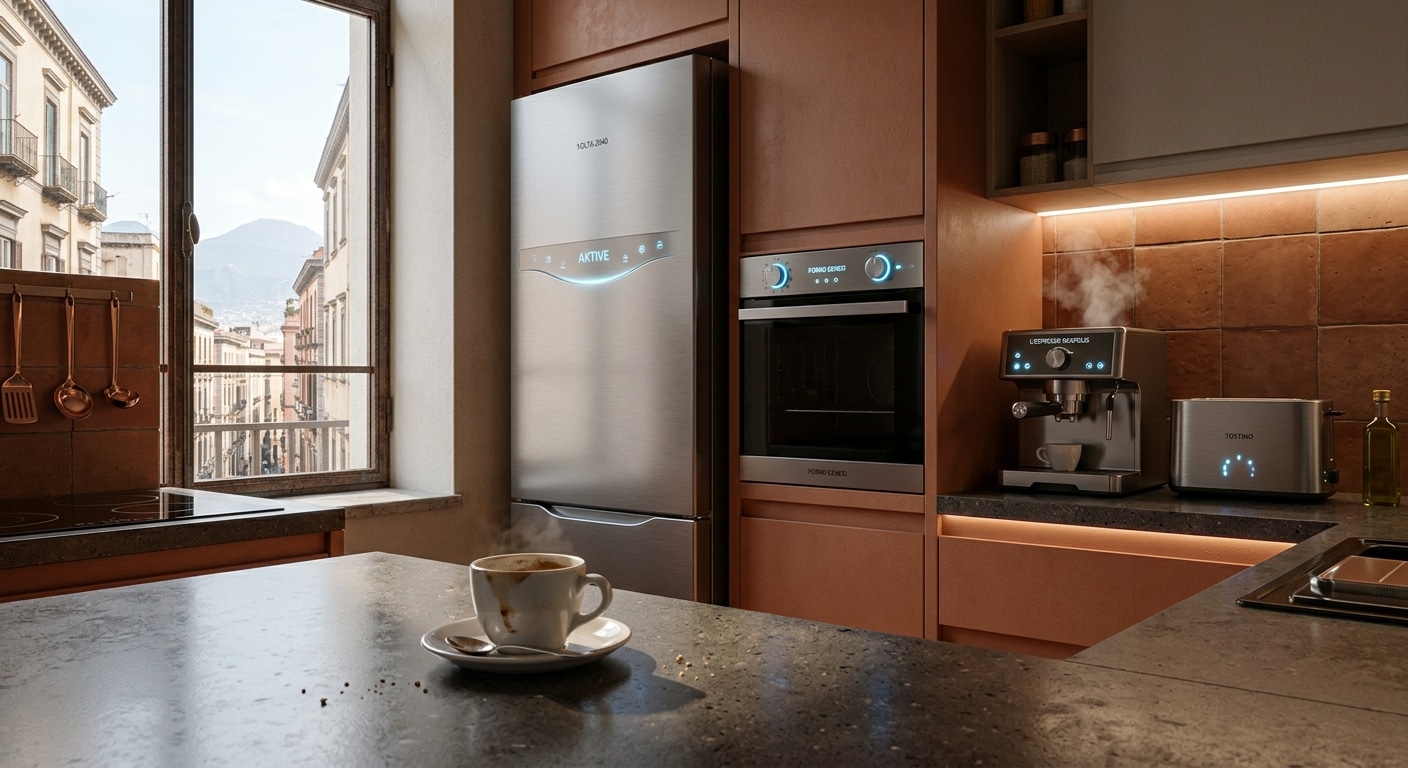 A photorealistic futuristic kitchen interior set in Naples, Italy, year 2040, bathed in soft morning light filtering through Mediterranean-style windows. A sleek, modern refrigerator with a subtle glowing display panel seems to "observe" a half-drunk espresso cup on the counter. Smart appliances fill the space — a minimalist toaster, an intelligent oven with ambient LED indicators, a high-tech coffee machine — all with faint, sentient-looking interface lights suggesting awareness. The atmosphere is quietly uncanny: the objects appear attentive, almost watchful, blending warm domestic coziness with a subtle undercurrent of technological unease. The aesthetic is near-future Italian design, clean lines, warm terracotta tones mixed with brushed steel and soft ambient lighting, cinematic editorial photography style.