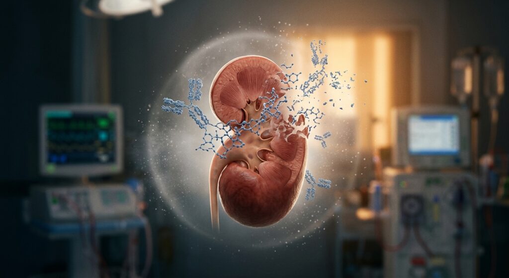 A photorealistic medical illustration depicting a human kidney suspended in soft clinical light against a dark background, with delicate molecular structures and antibody chains visually dissolving and fading away around it, suggesting a barrier being removed. In the background, subtle hints of a hospital dialysis ward with warm, hopeful lighting breaking through. The mood is quietly optimistic and scientific — precise, human, and forward-looking. Editorial photography style with a cinematic depth of field, muted blue and warm amber tones, no text or labels.